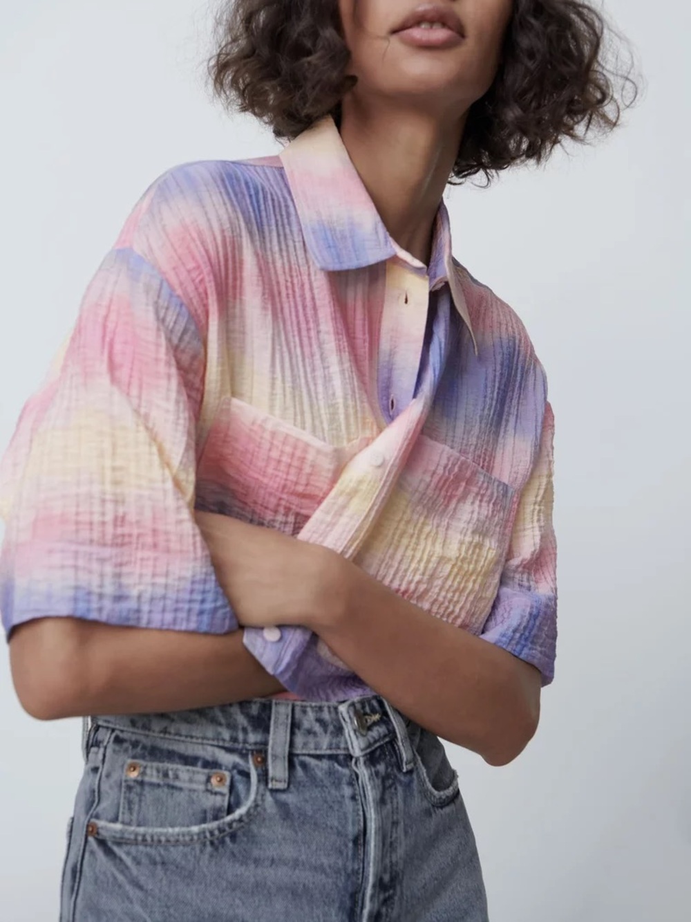Zara Pastel Striped Cropped Button-Up Shirt – Size S